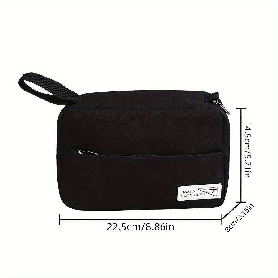 Borsa da viaggio nera con manico, tasca frontale con zip, dimensioni 22,5x14,5x8 cm. Ideale per organizzare accessori e articoli da toeletta.