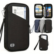 Portafoglio da viaggio RFID nero, con tasche multiple per passaporti e biglietti, disponibile in vari colori. Ideale per viaggi sicuri e organizzati.