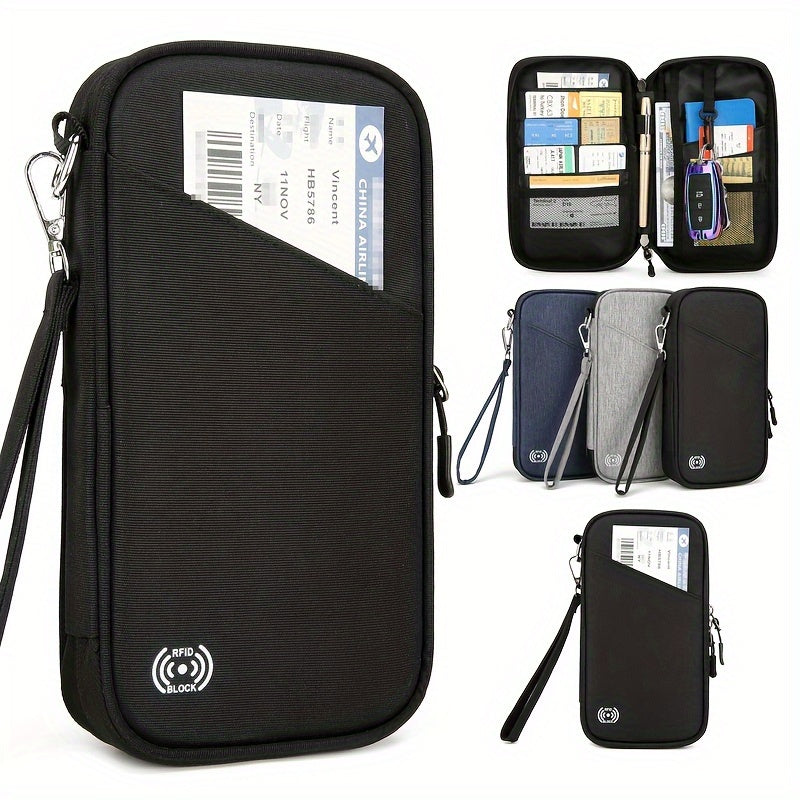 Custodia da viaggio RFID in tessuto nero con tasche multiple per passaporti e biglietti, disponibile in vari colori. Accessorio ideale per viaggiatori.