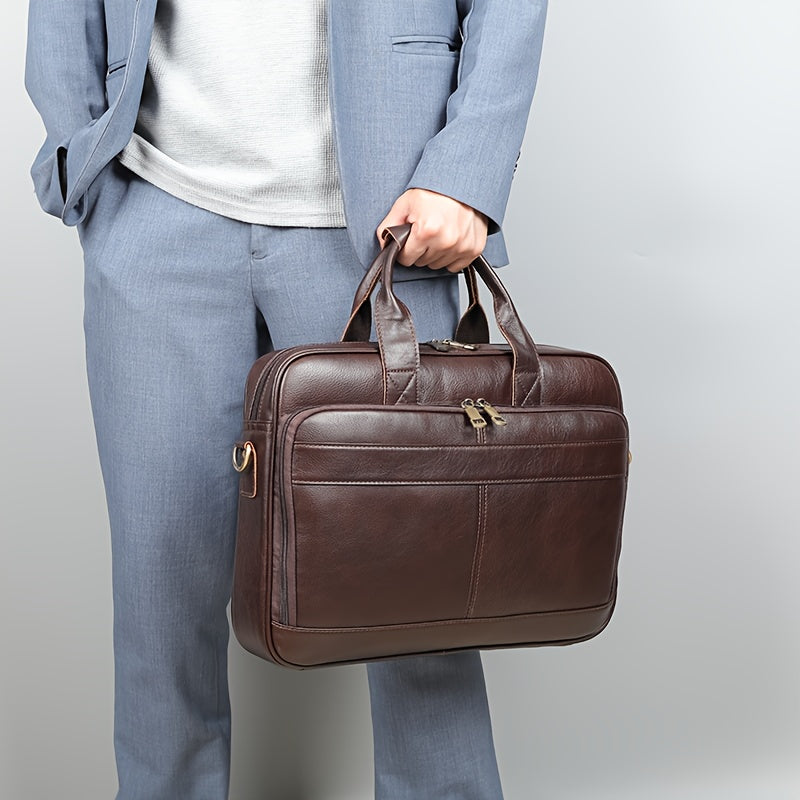 Uomo in abito grigio chiaro con borsa ventiquattrore in pelle marrone, elegante e professionale, ideale per lavoro e ufficio.