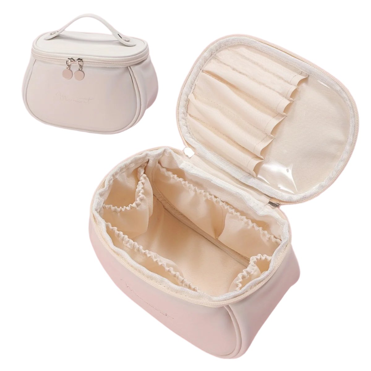 Borsa cosmetica rosa chiaro con scomparti interni, cerniera e manico. Ideale per organizzare trucchi e accessori da viaggio.
