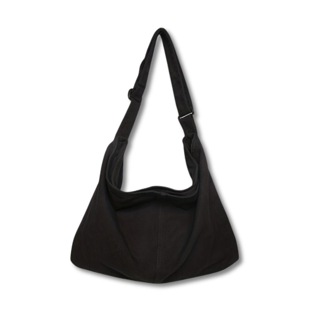 Borsa a tracolla nera in tessuto, design minimalista, ideale per uso quotidiano. Accessorio moda donna, capiente e versatile.