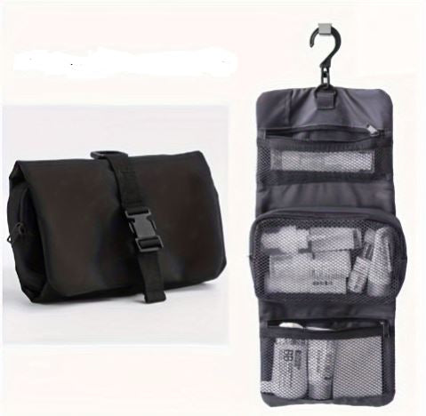 Black hanging travel toiletry bag with hook, multiple mesh compartments, and secure buckle closure. Ideal for organizing toiletries on the go.