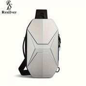 Zaino monospalla Resilver, design futuristico, colore argento, forma esagonale, ideale per laptop, resistente e leggero, perfetto per viaggi urbani.