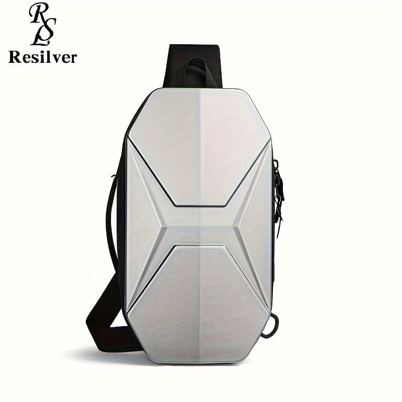 Zaino monospalla Resilver, design futuristico, colore argento, forma esagonale, ideale per laptop, resistente e leggero, perfetto per viaggi urbani.