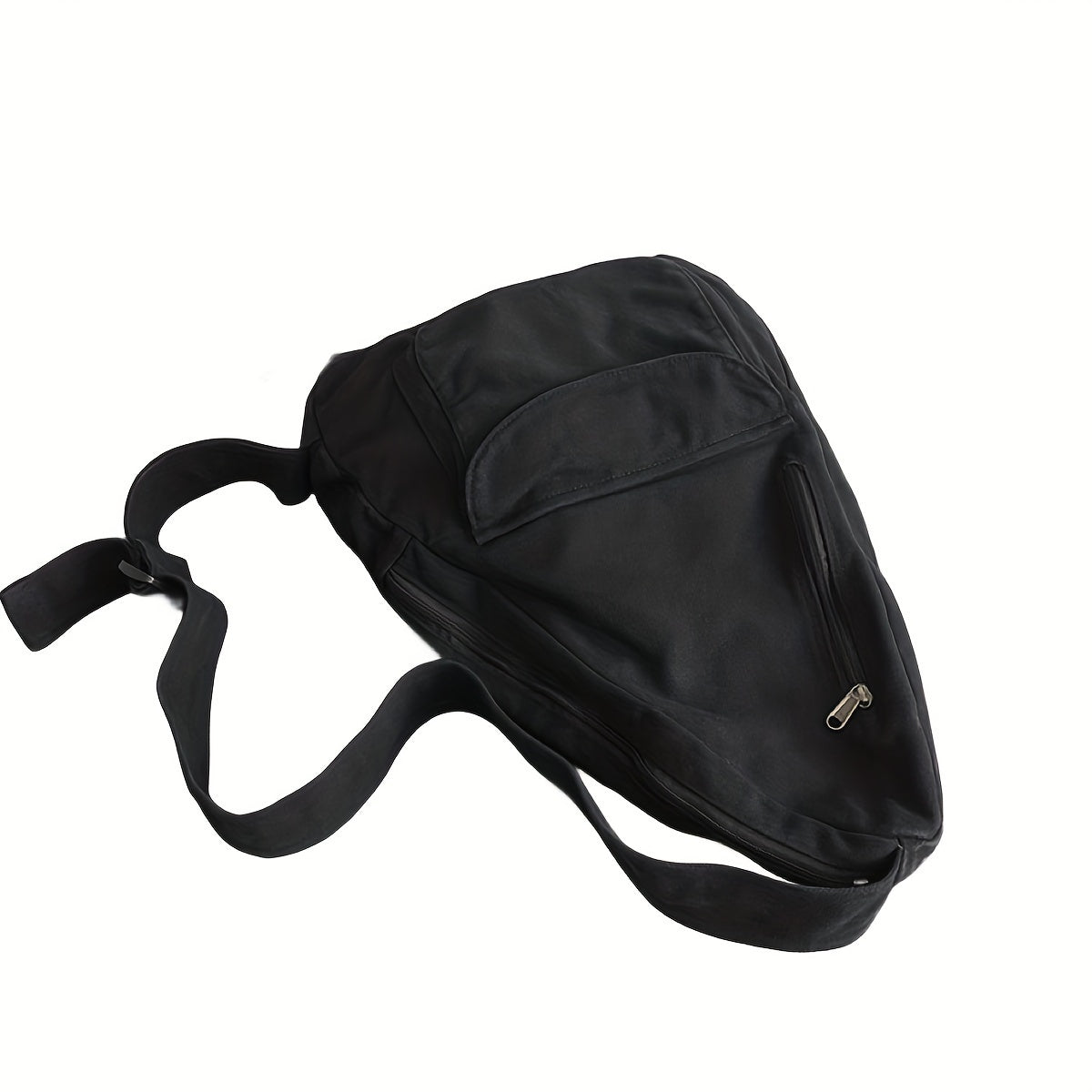 Zaino monospalla nero in tessuto resistente, con tasca frontale con zip e tracolla regolabile. Ideale per viaggi e uso quotidiano.
