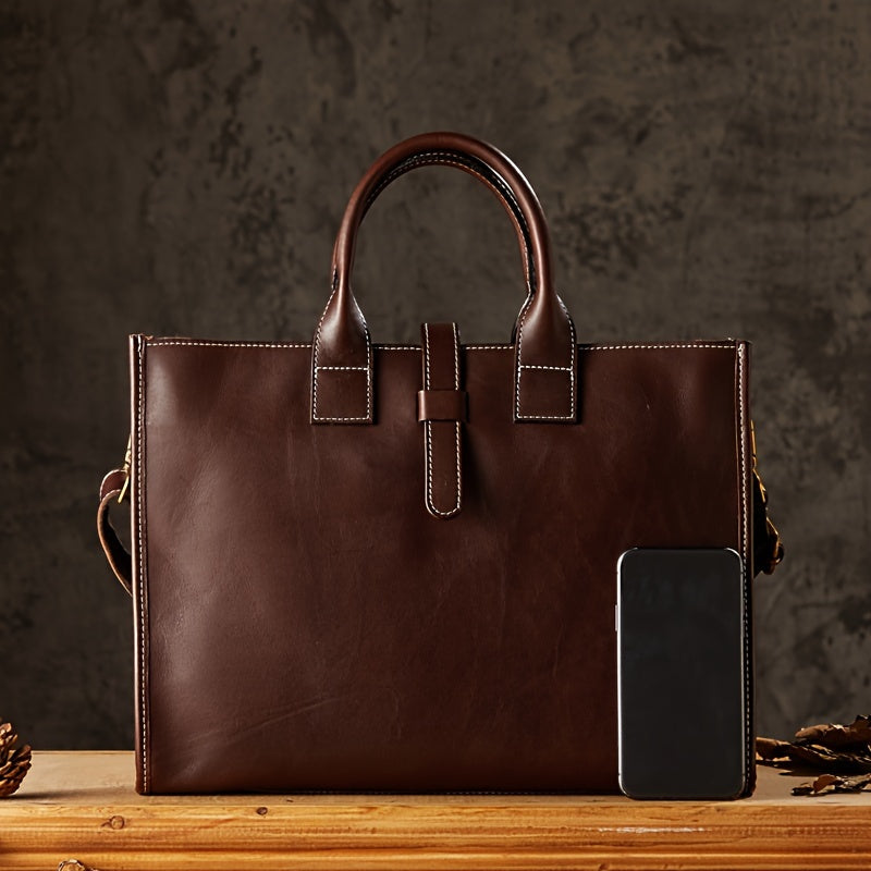 Borsa ventiquattrore in pelle marrone con cuciture bianche, manici robusti, accanto a uno smartphone nero su sfondo grigio.