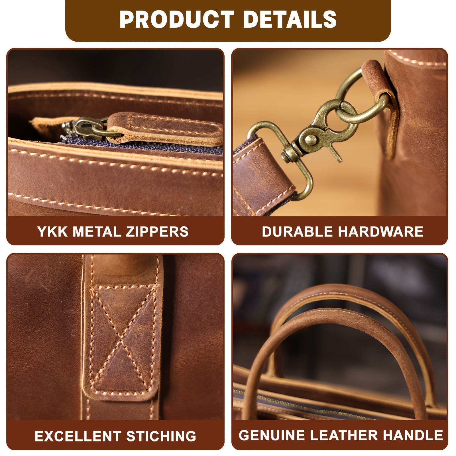 Dettagli borsa in pelle: cerniere YKK, hardware resistente, cuciture eccellenti, manico in vera pelle. Accessori di alta qualità per borse.