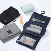 Borsa da viaggio appesa con gancio, scomparti a rete, accessori da bagno, organizer compatto, ideale per cosmetici e articoli da toeletta.