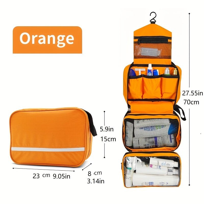 Borsa da viaggio arancione con gancio, tasche multiple, dimensioni 23x8x15cm, ideale per articoli da toeletta e accessori, design compatto e organizzato.