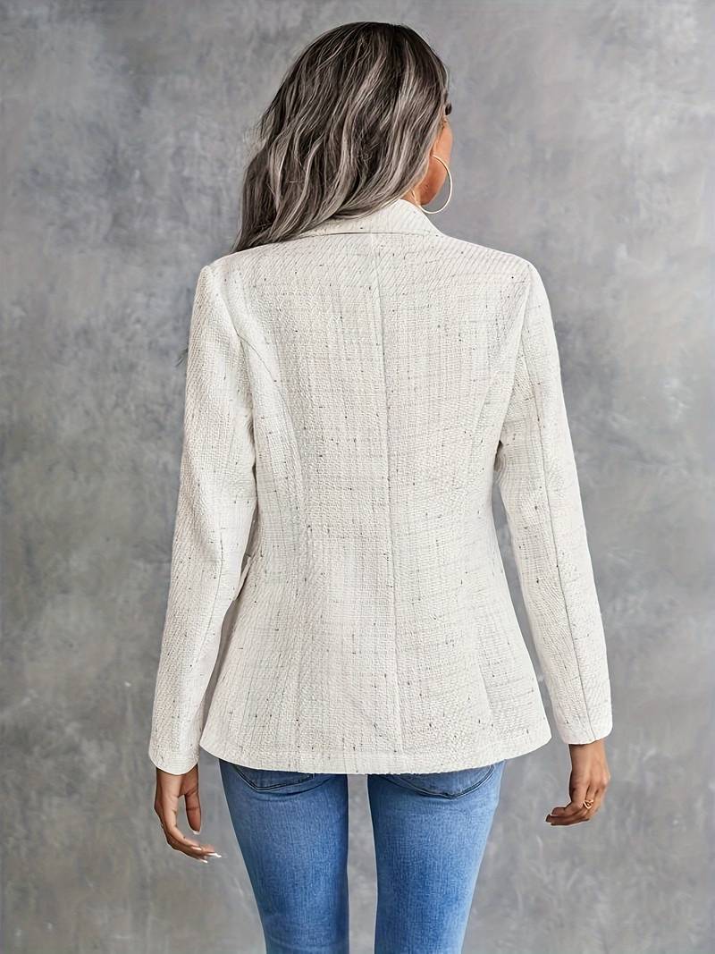 Giacca donna bianca elegante, tessuto strutturato, vista posteriore. Moda femminile, abbigliamento casual chic, blazer autunnale.