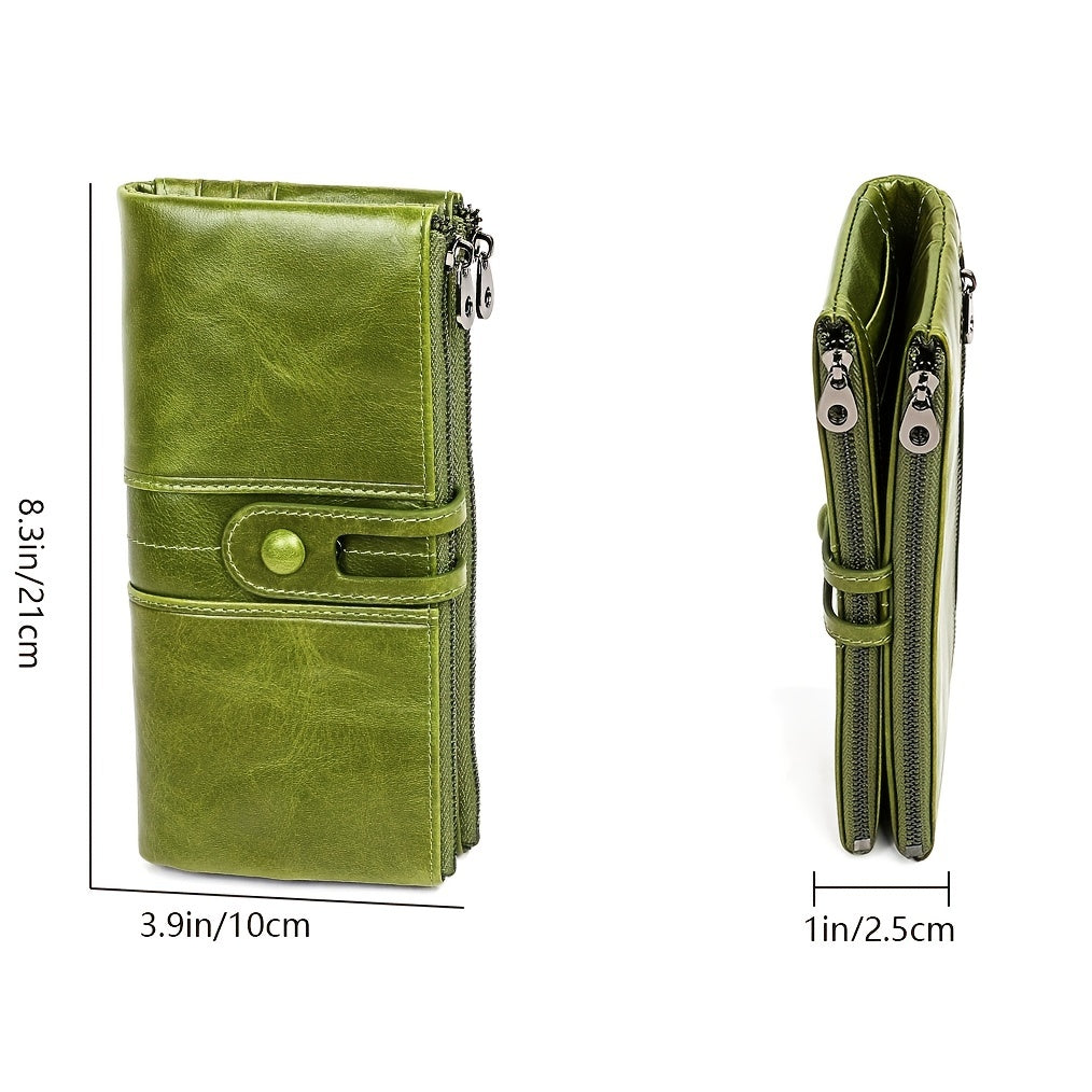 Portafoglio donna verde in pelle sintetica, design compatto con doppia cerniera, dimensioni 21x10x2.5 cm, ideale per carte e contanti.