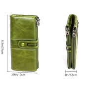 Portafoglio donna verde in pelle sintetica, design compatto con doppia cerniera, dimensioni 21x10x2.5 cm, ideale per carte e contanti.