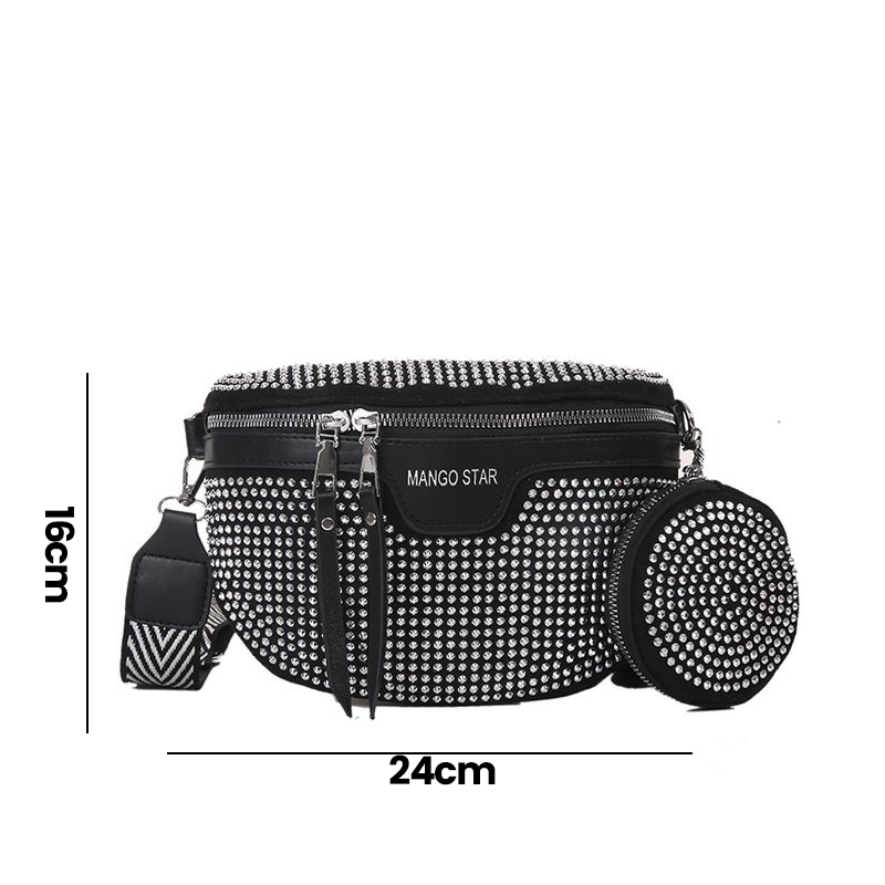 Borsa a tracolla nera con borchie, dimensioni 24x16 cm, design elegante, con tasca rotonda aggiuntiva. Accessorio moda donna, stile moderno.