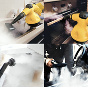Pulitore a vapore portatile giallo, ideale per cucina, forno e auto. Efficace rimozione di sporco e grasso. Accessori inclusi.