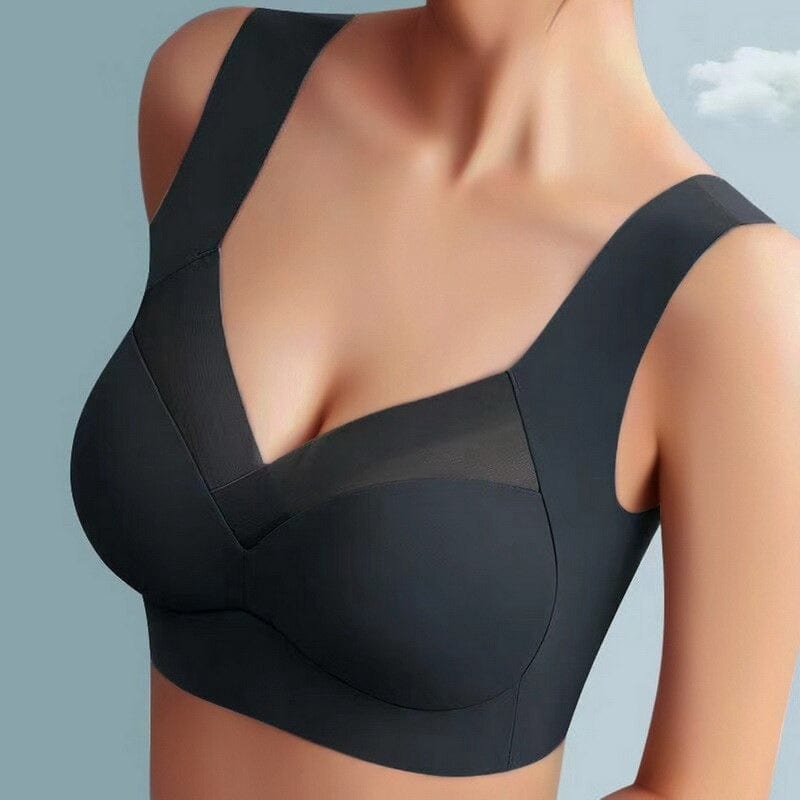 Reggiseno sportivo nero senza cuciture, design a V, spalline larghe, supporto confortevole, ideale per attività sportive e quotidiane.