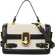 Borsa a tracolla donna in pelle nera e tessuto beige, dettagli dorati, chiusura a fibbia, manico superiore, elegante e moderna.