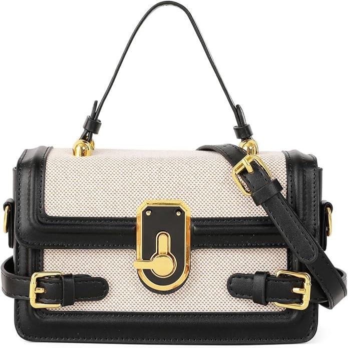Borsa a tracolla donna in pelle nera e tessuto beige, dettagli dorati, chiusura a fibbia, manico superiore, elegante e moderna.