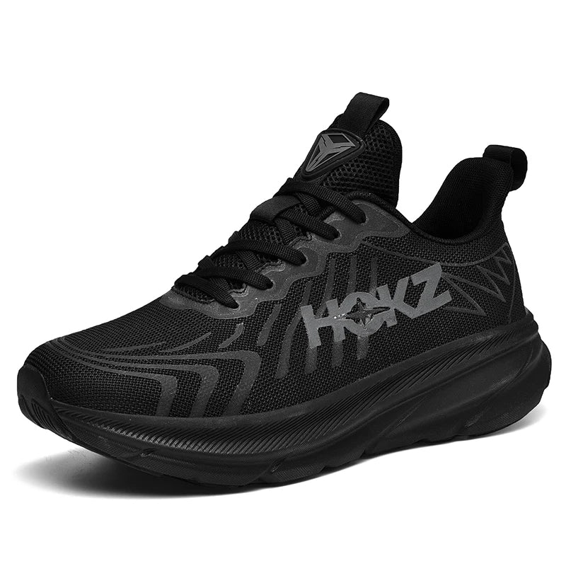 Scarpa da ginnastica nera unisex, design moderno, suola ammortizzata, tomaia traspirante, ideale per corsa e sport, comfort e stile.