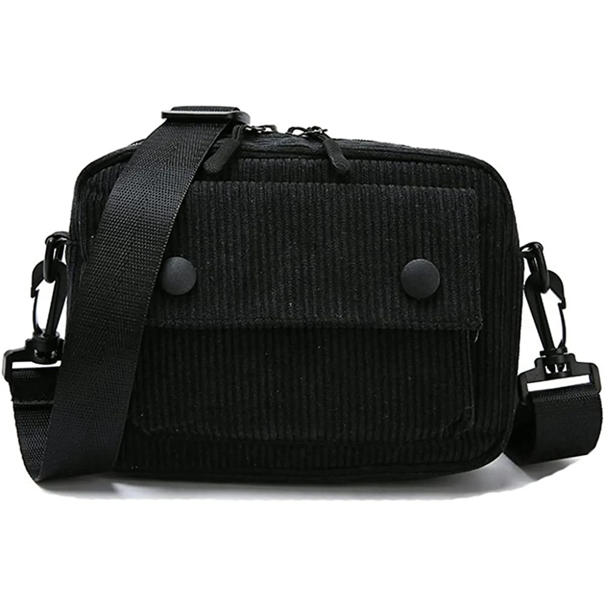 Borsa a tracolla nera in tessuto a coste, con tasca frontale e chiusura a bottoni. Design unisex, ideale per uso quotidiano e casual.