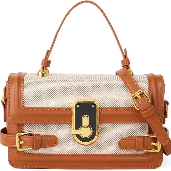 Borsa a tracolla donna in pelle marrone e tessuto beige, chiusura dorata, design elegante, moda femminile, accessorio di lusso.
