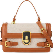 Borsa a tracolla donna in pelle marrone e tessuto beige, chiusura dorata, design elegante, moda femminile, accessorio di lusso.