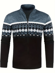 Giacca uomo invernale con zip, motivo geometrico bianco e nero, maniche lunghe, collo alto, ideale per moda casual e abbigliamento caldo.