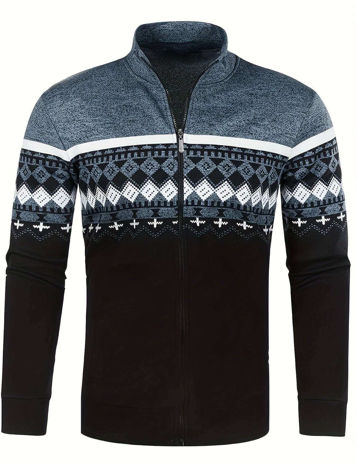 Giacca uomo invernale con zip, motivo geometrico bianco e nero, collo alto, maniche lunghe, ideale per moda casual e abbigliamento caldo.
