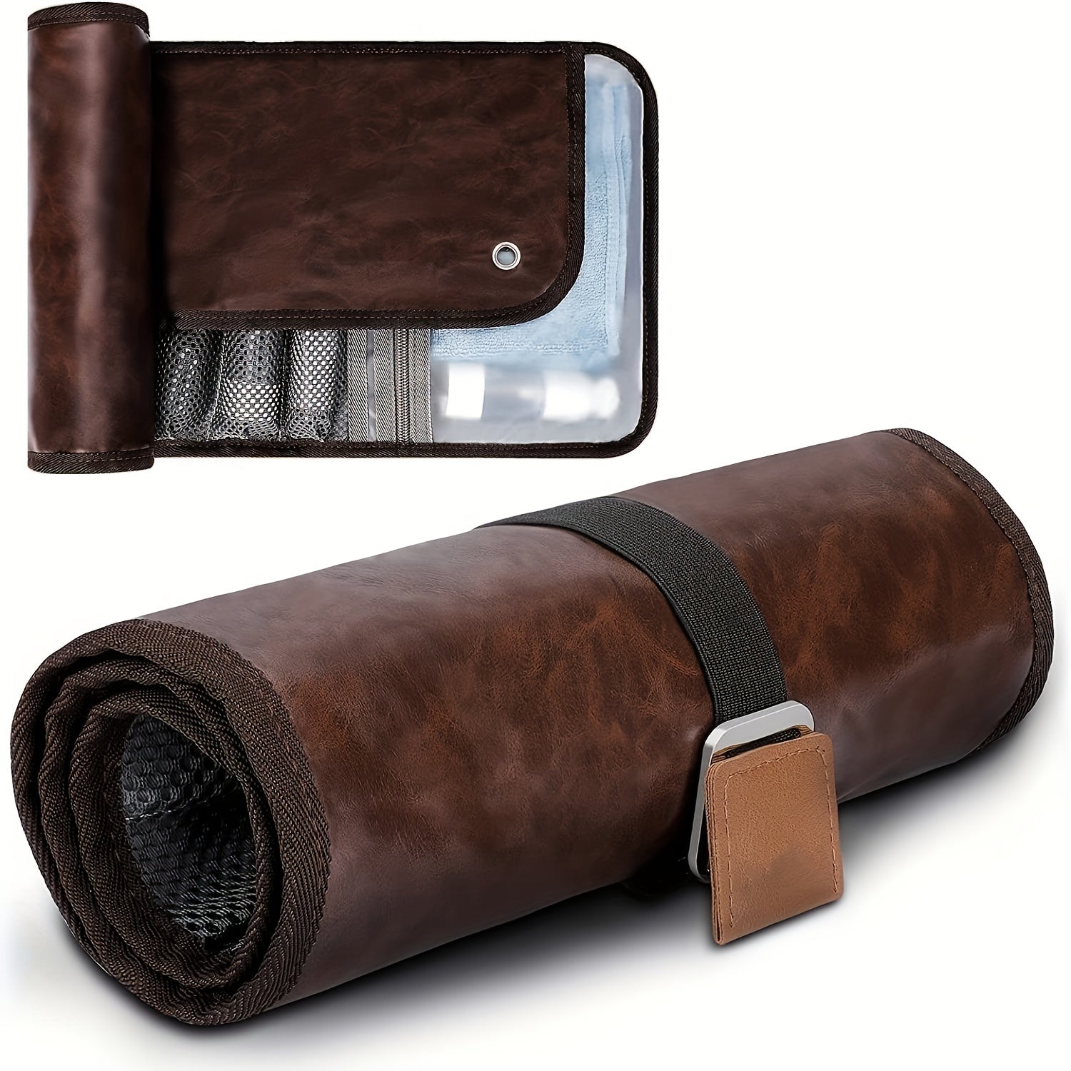 Astuccio arrotolabile in pelle marrone con scomparti trasparenti e chiusura a fibbia, ideale per organizzare accessori da viaggio o cosmetici.