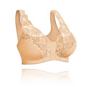 Reggiseno beige in pizzo senza ferretto, design confortevole, supporto ottimale, ideale per taglie forti, lingerie donna elegante.