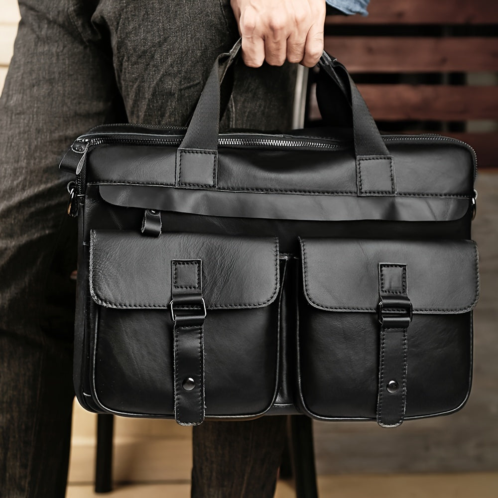 Borsa ventiquattrore in pelle nera con doppie tasche frontali, manici robusti, design elegante e funzionale, ideale per lavoro e viaggi d'affari.