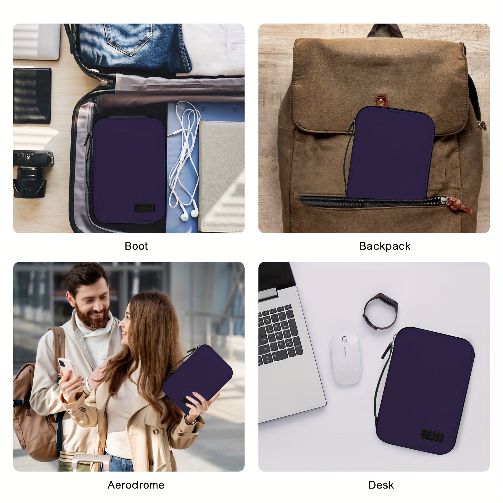 Custodia protettiva viola per tablet, compatibile con zaino, valigia e scrivania. Ideale per viaggi, lavoro e organizzazione. Accessorio essenziale.