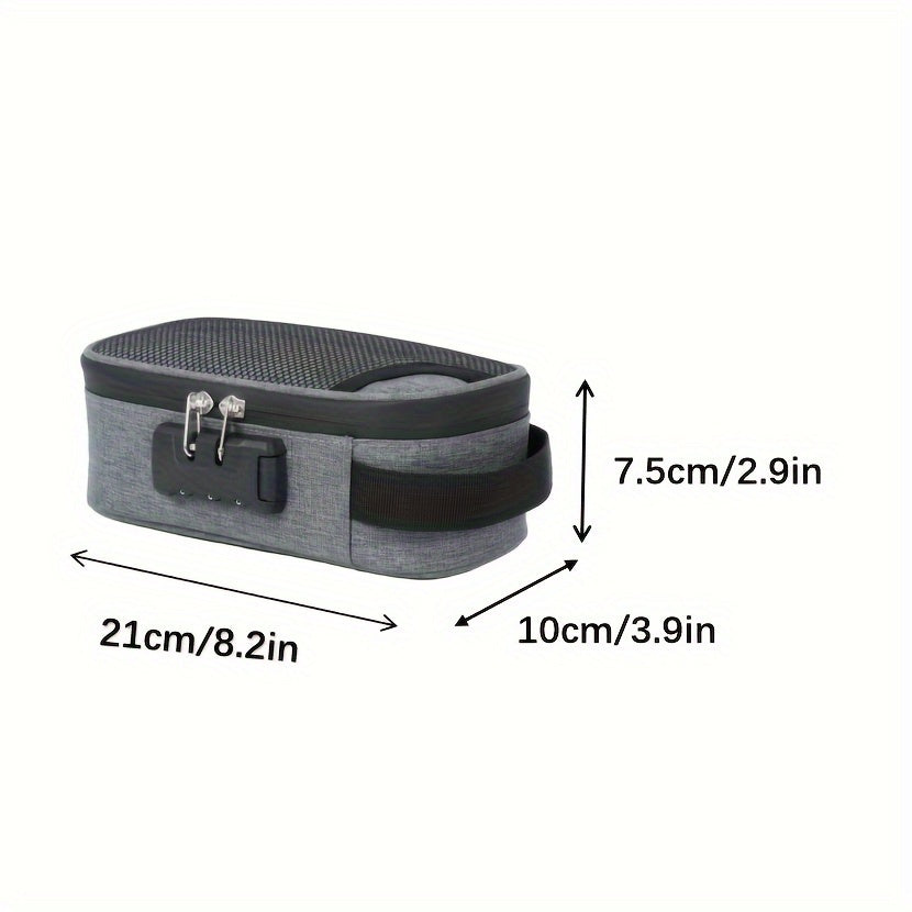 Custodia rigida grigia per accessori elettronici, dimensioni 21x10x7.5 cm, con maniglia e chiusura a zip, ideale per viaggi e organizzazione.