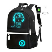Zaino nero con design luminoso a LED, personaggio stilizzato, porta USB integrata, ideale per scuola e viaggi. Tasche multiple, stile moderno.
