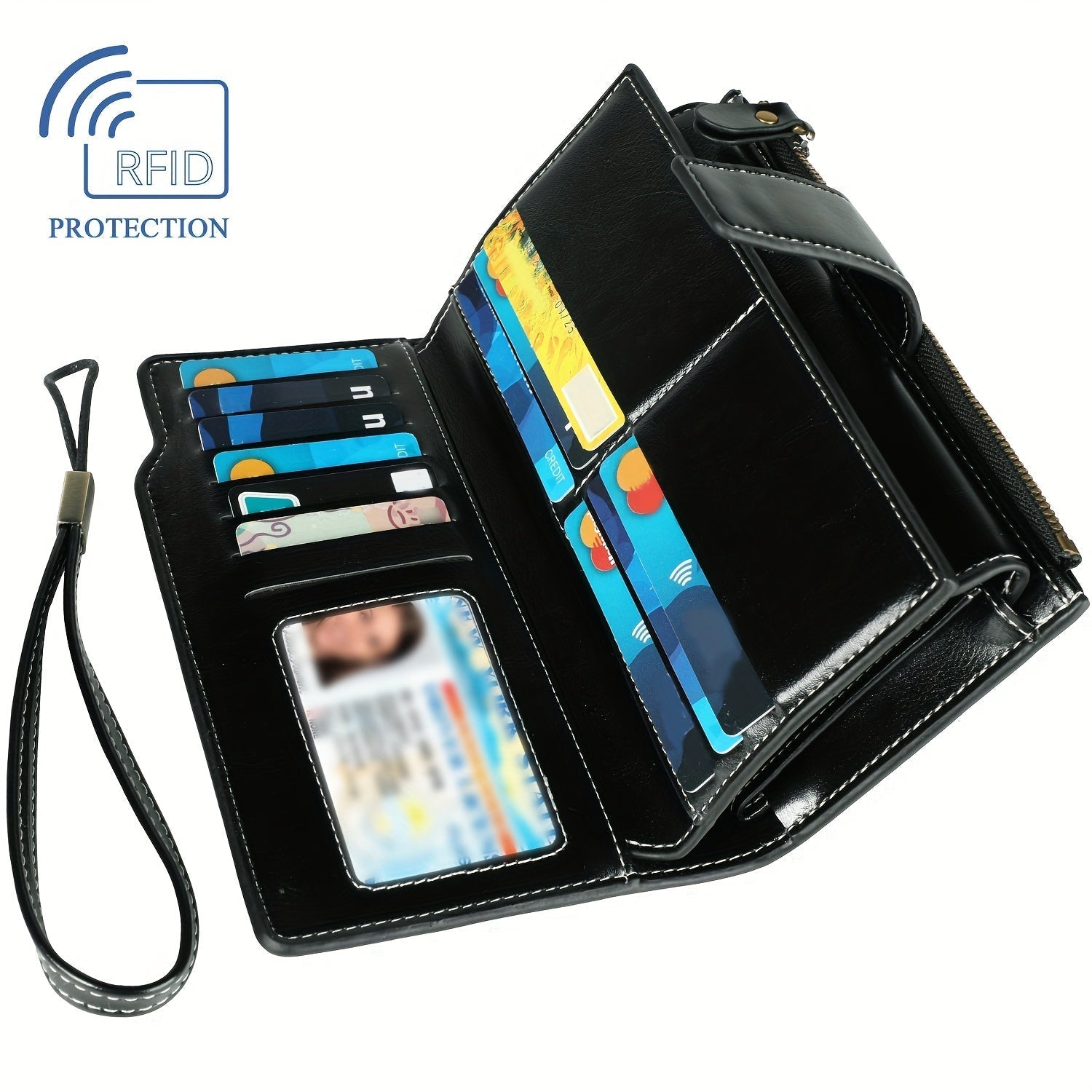 Portafoglio nero in pelle con protezione RFID, aperto per mostrare scomparti per carte di credito, banconote e documenti, con cinturino rimovibile.