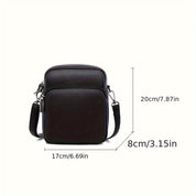 Borsa a tracolla in pelle nera, dimensioni 20x17x8 cm, con tasca frontale e tracolla regolabile. Elegante e pratica per uomo e donna.