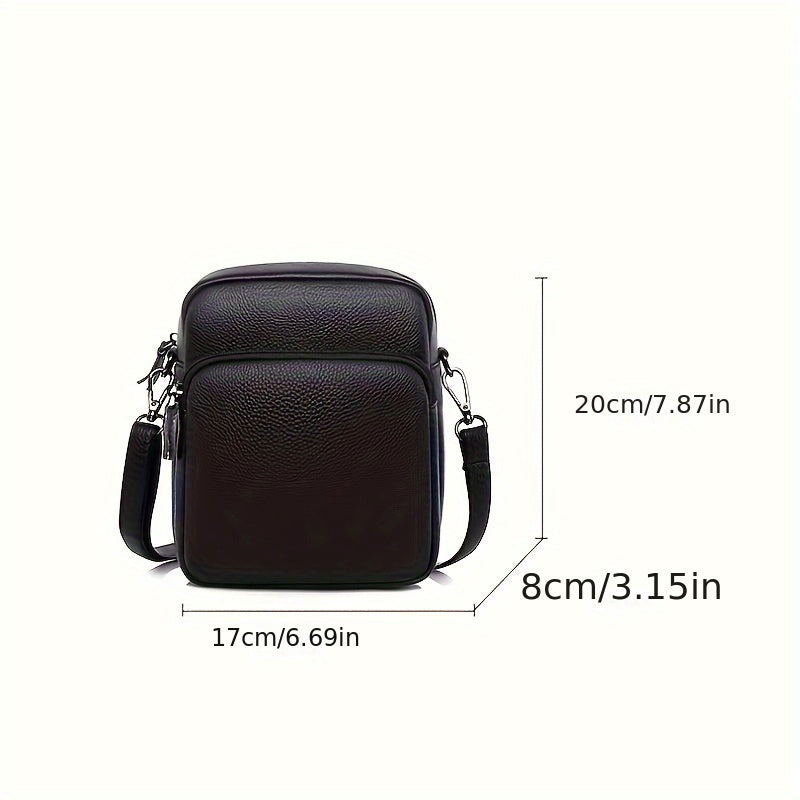 Borsa a tracolla in pelle nera, dimensioni 20x17x8 cm, con tasca frontale e tracolla regolabile. Elegante e pratica per uomo e donna.