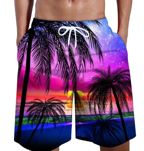 Pantaloncini da bagno uomo con palme nere, tramonto tropicale multicolore, mare, elastico in vita, perfetti per spiaggia e nuoto estivo.