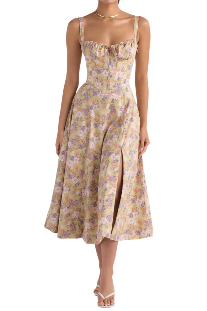 Abito estivo floreale donna, lunghezza midi, con spalline larghe e spacco frontale. Perfetto per occasioni casual e look eleganti.