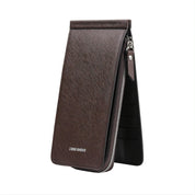Portafoglio uomo in pelle marrone, design verticale, con cerniera e scomparti multipli. Elegante e funzionale, ideale per carte e contanti.