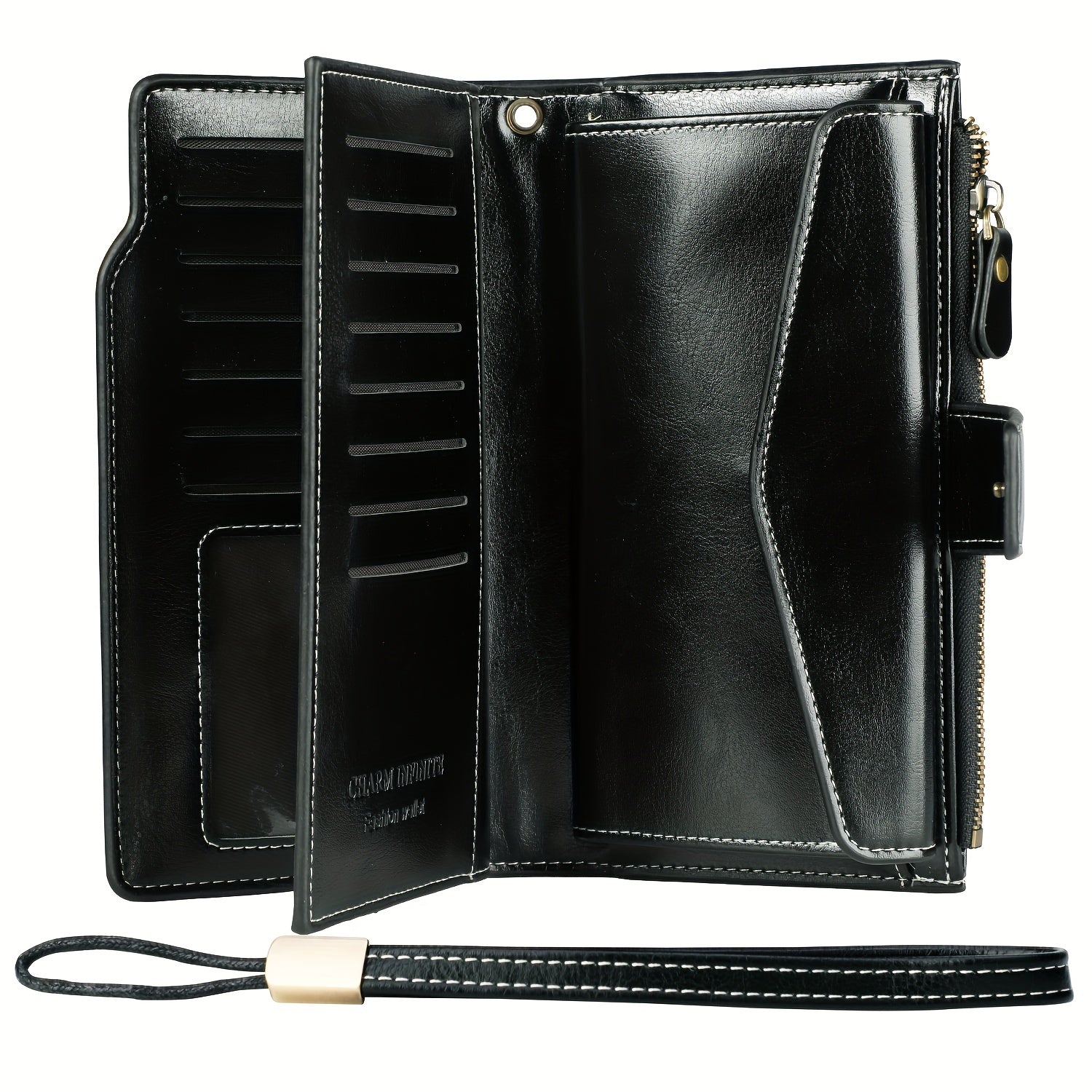 Portafoglio in pelle nera da uomo, design elegante con zip, scomparti per carte e banconote, cinturino da polso. Accessorio moda maschile.