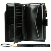 Portafoglio in pelle nera da uomo, design elegante con zip, scomparti per carte e banconote, cinturino da polso. Accessorio moda maschile.