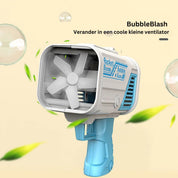 Pistola sparabolle giocattolo con ventilatore integrato, design moderno, colore blu e bianco, ideale per bambini, divertimento all'aperto.