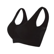Reggiseno sportivo nero senza cuciture, design traspirante, supporto confortevole, ideale per attività fisica, fitness, yoga, taglia regolabile.