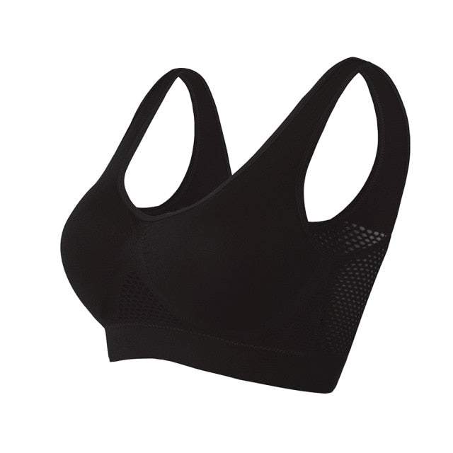 Reggiseno sportivo nero senza cuciture, design traspirante, supporto confortevole, ideale per attività fisica, fitness, yoga, taglia regolabile.