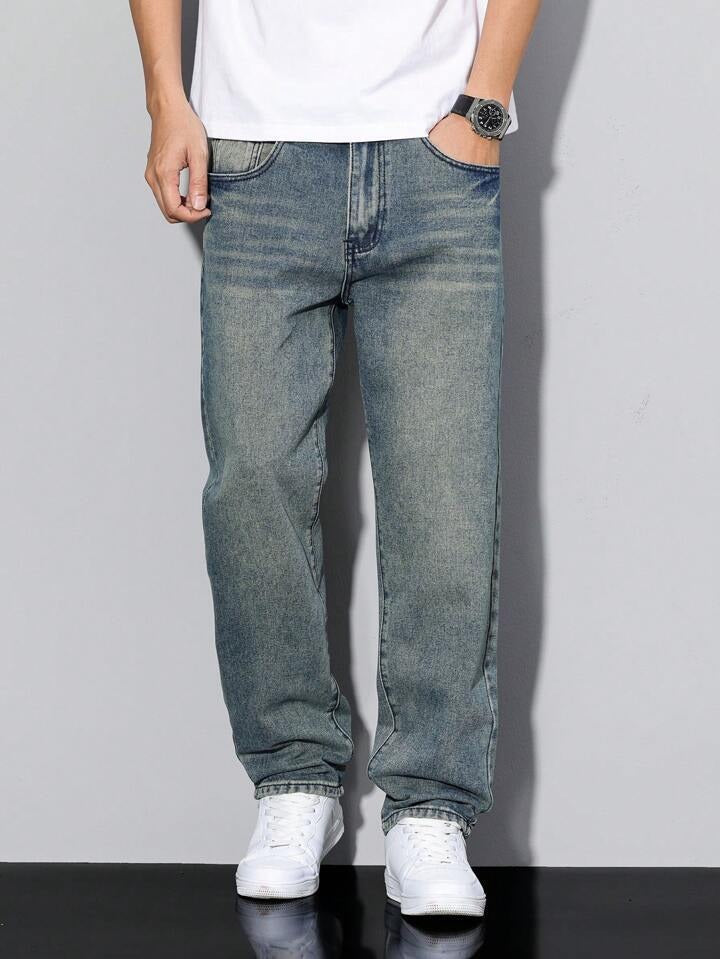 Jeans da Uomo Gamba Dritta con Effetto Lavato