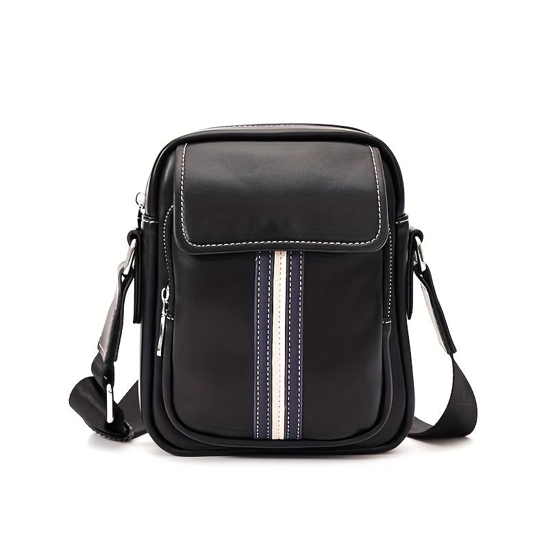 Borsa a tracolla in pelle nera con strisce decorative, tasca frontale con zip, design elegante e moderno, ideale per uomo, accessorio moda.