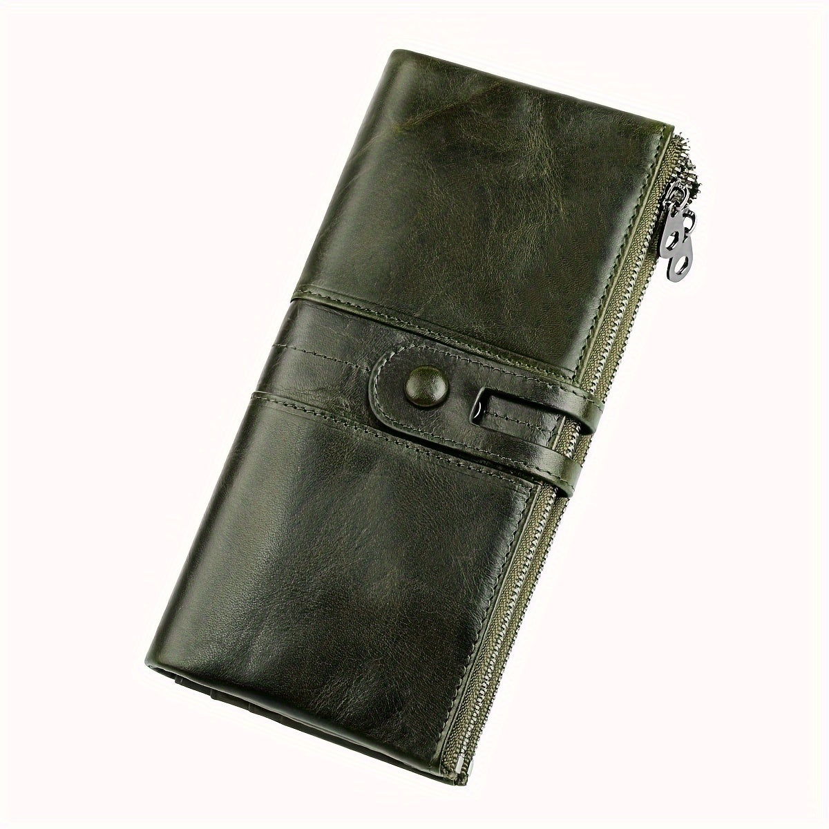 Portafoglio in pelle verde scuro con chiusura a bottone e cerniera laterale, design elegante e funzionale, accessorio moda uomo e donna.