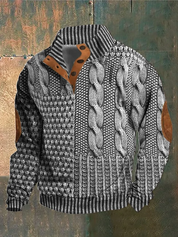 Giacca invernale uomo, design patchwork maglia intrecciata, dettagli in pelle marrone, stile casual, moda autunno-inverno, tessuto caldo.