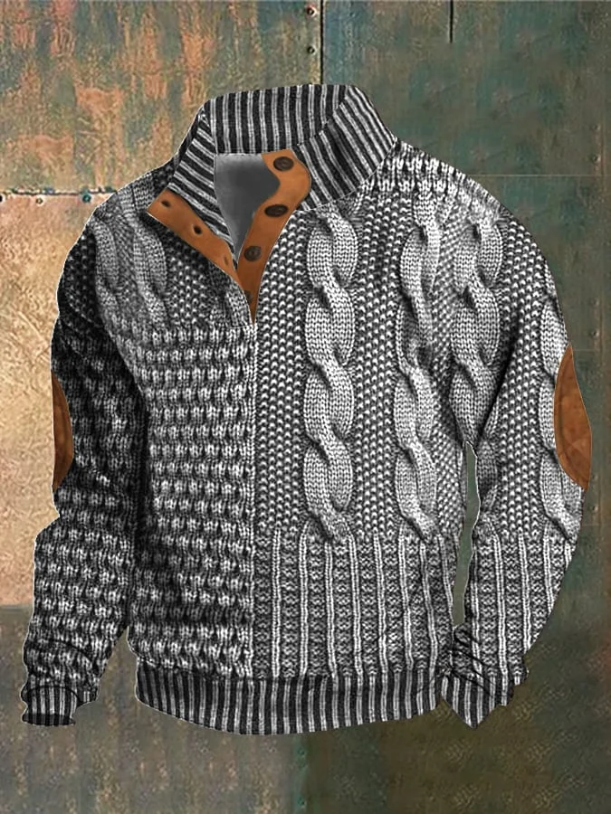 Giacca invernale uomo, design patchwork maglia intrecciata, dettagli in pelle marrone, stile casual, moda autunno-inverno, tessuto caldo.
